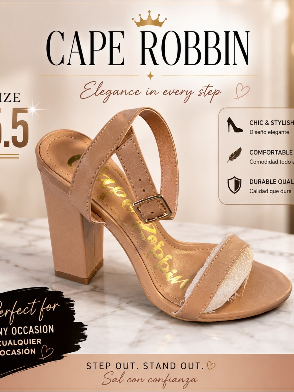 Cape Robbin Tan Block Heel Sandal with Ankle Strap